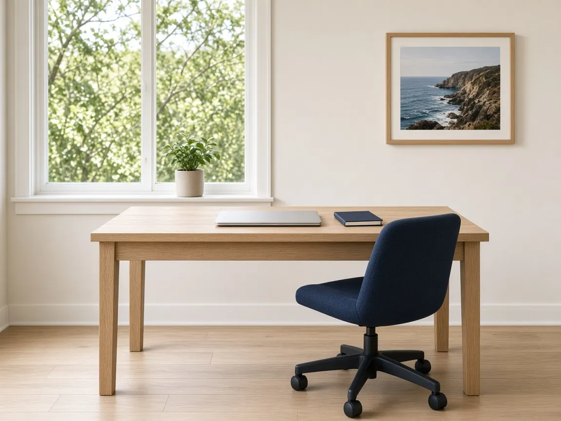 Bright independent computer-care studio with a light oak desk, navy chair, and coastal daylight.