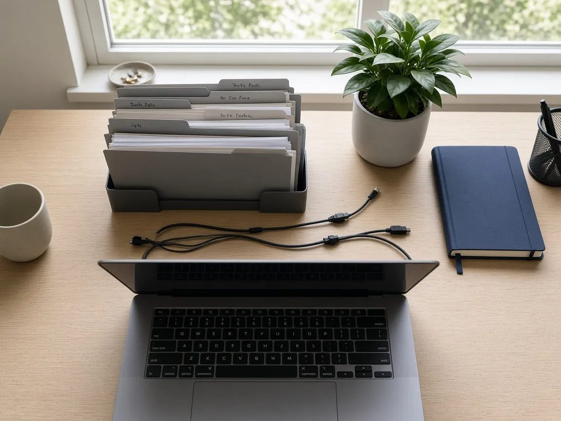 Overhead view of an organized desk with notebooks, folders, and a laptop keyboard in natural light.