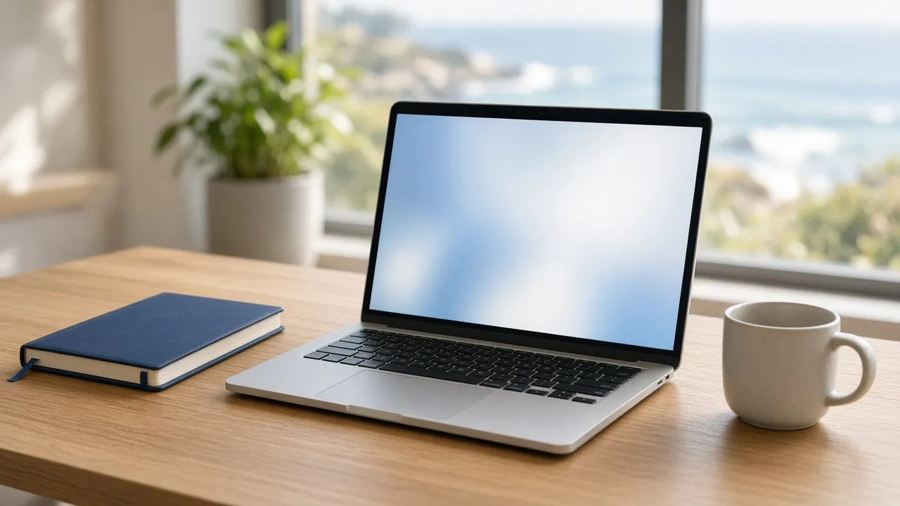 A Mac laptop on a sunlit desk beside a notebook and mug in coastal daylight.
