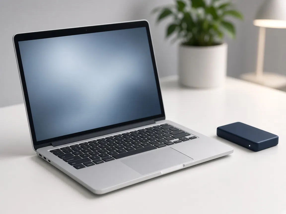 Laptop and compact external drive on a clean white desk during a storage review.